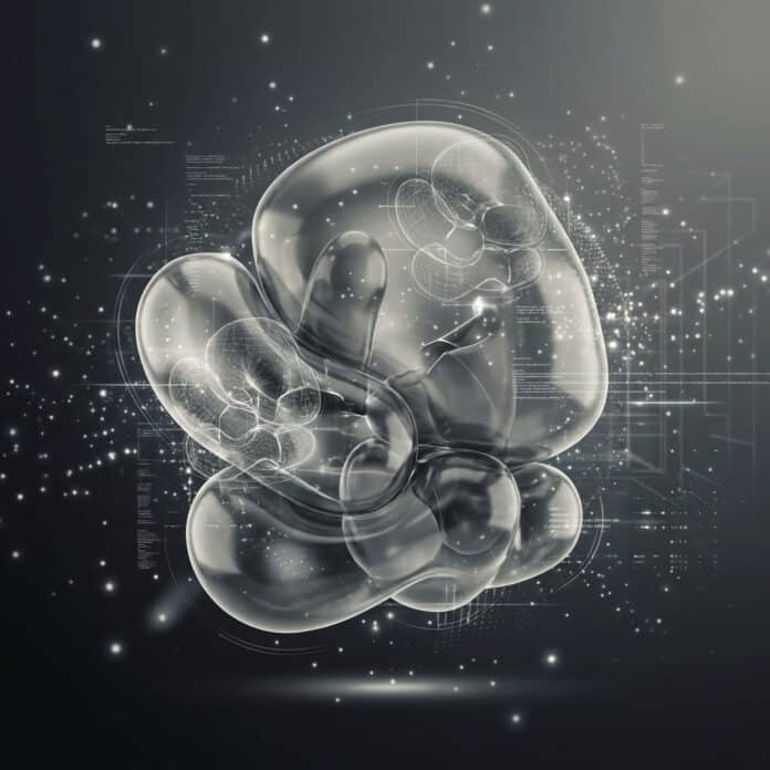 Illustrazione scientifica in stile Disegno Intelligente: complessi molecolari e processi cellulari legati alla sintesi e al ripiegamento delle proteine.