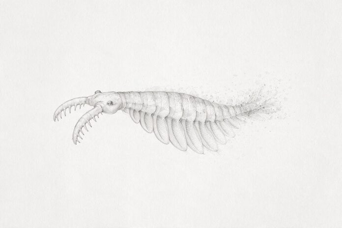 Illustrazione monocromatica a puntini di Anomalocaris, grande predatore cambriano con corpo segmentato, lobi natatori laterali e appendici prensili spinose