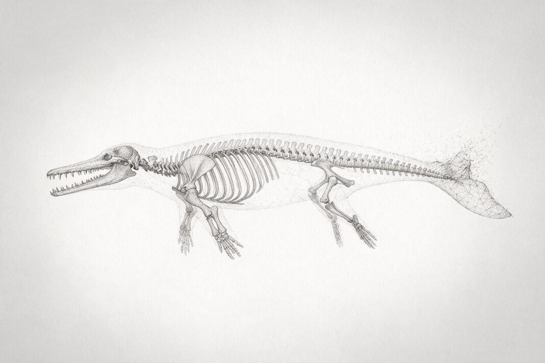 Illustrazione monocromatica a puntini dello scheletro di un cetaceo arcaico quadrupede, con muso allungato e arti posteriori ridotti, visto di profilo