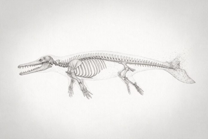 Illustrazione monocromatica a puntini dello scheletro di un cetaceo arcaico quadrupede, con muso allungato e arti posteriori ridotti, visto di profilo