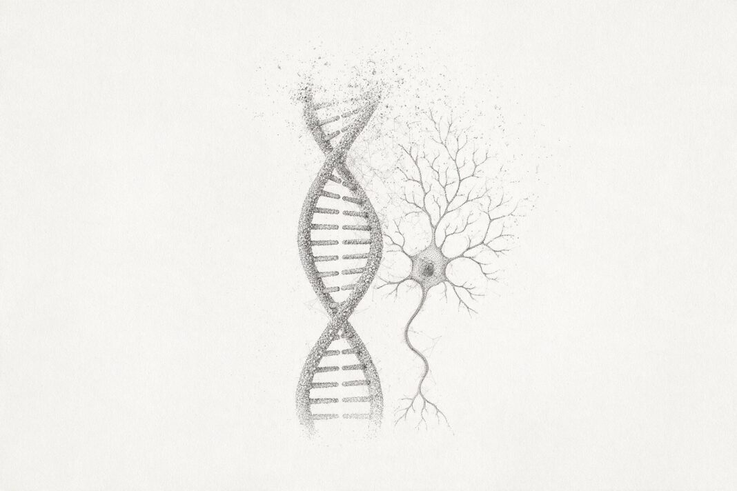 Illustrazione monocromatica a puntini di una doppia elica di DNA accanto alla forma ramificata di un neurone, entrambe che si dissolvono in particelle