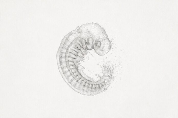 Illustrazione monocromatica a puntini di un embrione animale in stadio precoce, ripiegato su se stesso, con segmenti corporei ripetuti lungo l'asse