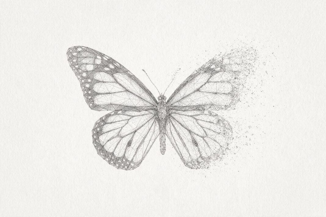 Illustrazione monocromatica a puntini di una farfalla monarca ad ali spiegate, con il disegno delle venature visibile e l'ala destra che si dissolve in particelle