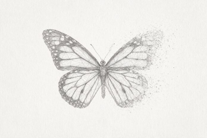 Illustrazione monocromatica a puntini di una farfalla monarca ad ali spiegate, con il disegno delle venature visibile e l'ala destra che si dissolve in particelle