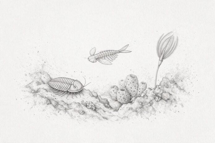 Illustrazione monocromatica a puntini di un fondale marino cambriano con trilobite, artropode natante segmentato, organismo filtratore peduncolato e spugna