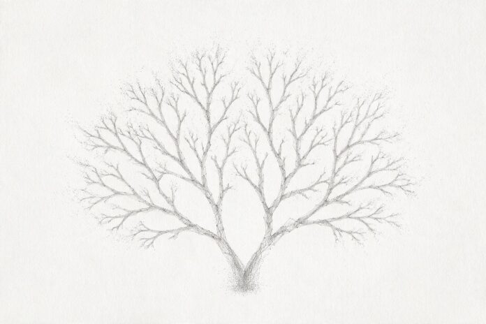 Illustrazione monocromatica a puntini di un albero filogenetico ramificato, con i rami che si dividono verso l'alto e si dissolvono in particelle
