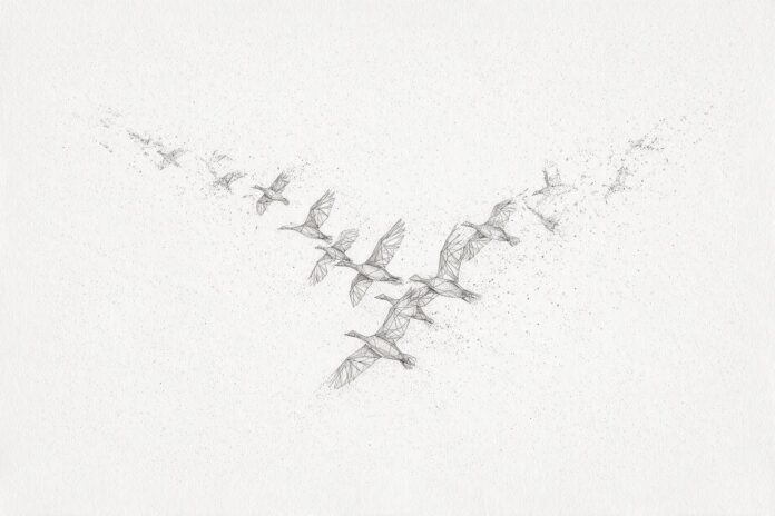 Illustrazione monocromatica a puntini di uno stormo di uccelli migratori in formazione a V che attraversa un cielo vuoto