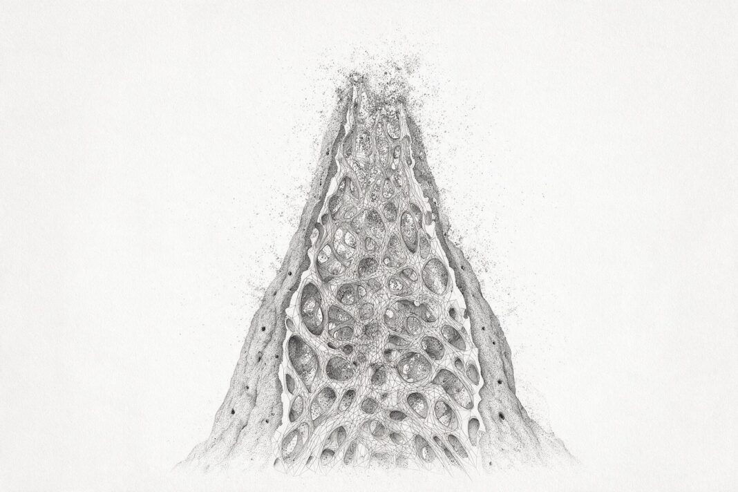 Illustrazione monocromatica a puntini di un termitaio in sezione, che rivela la rete interna di gallerie di ventilazione e camere