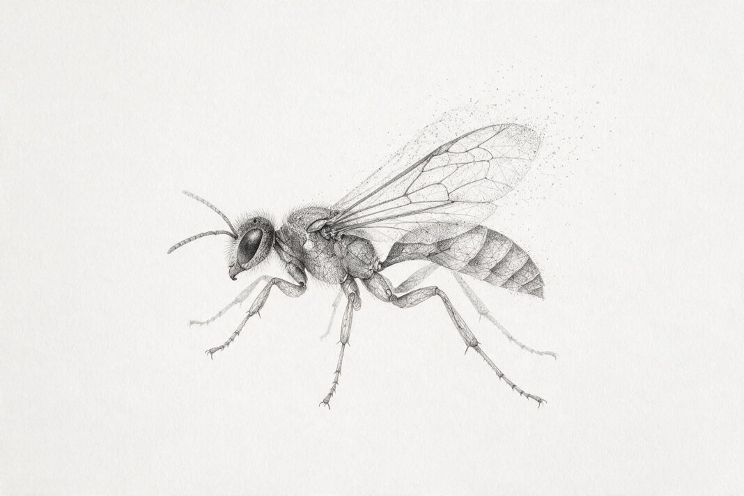 Illustrazione monocromatica a puntini di una vespa scavatrice vista di profilo, con ali ripiegate e lunghe zampe, in posizione di caccia