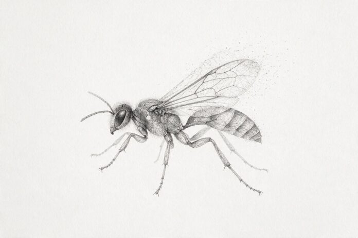Illustrazione monocromatica a puntini di una vespa scavatrice vista di profilo, con ali ripiegate e lunghe zampe, in posizione di caccia