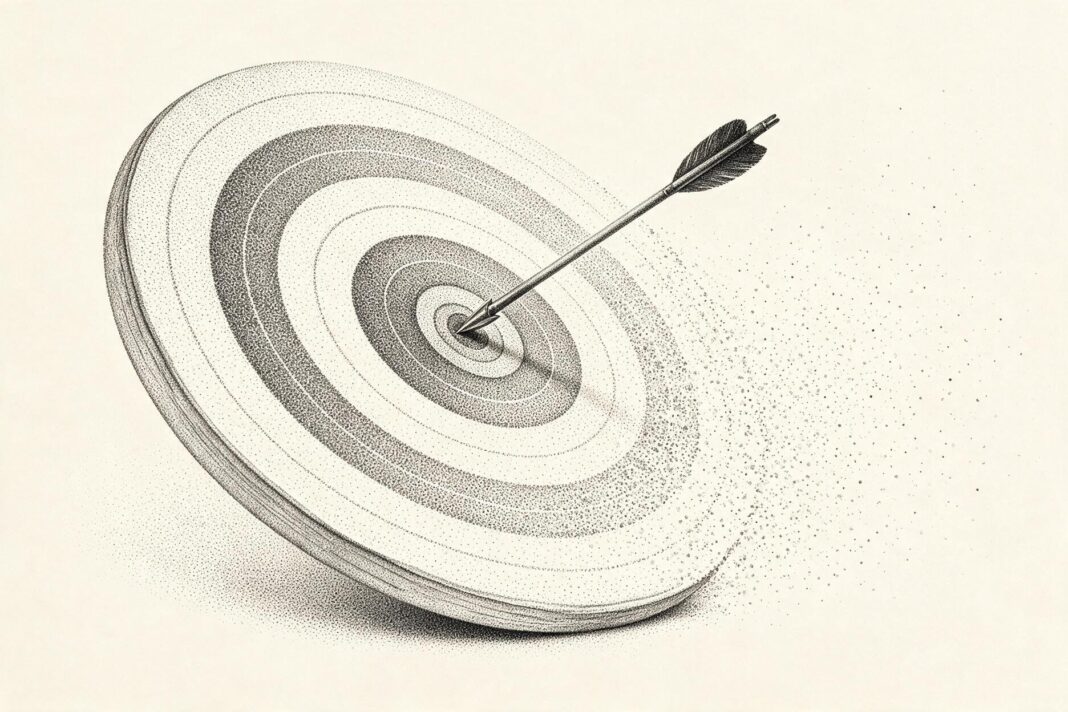 Illustrazione monocromatica a puntini su fondo avorio: un bersaglio da tiro con l'arco con una sola freccia nel centro, che si disperde in particelle sul lato destro