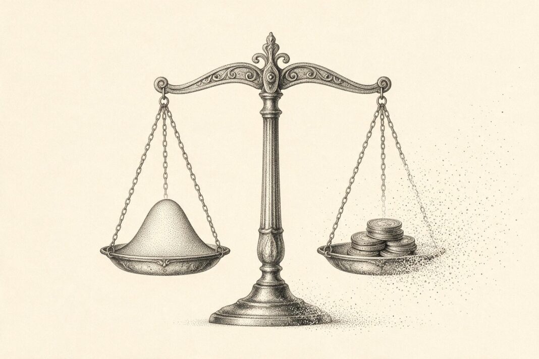 Illustrazione monocromatica a puntini su fondo avorio: una bilancia antica a due piatti in equilibrio, con una curva a campana su un piatto e monete sull'altro, che si disperde in particelle sul lato destro