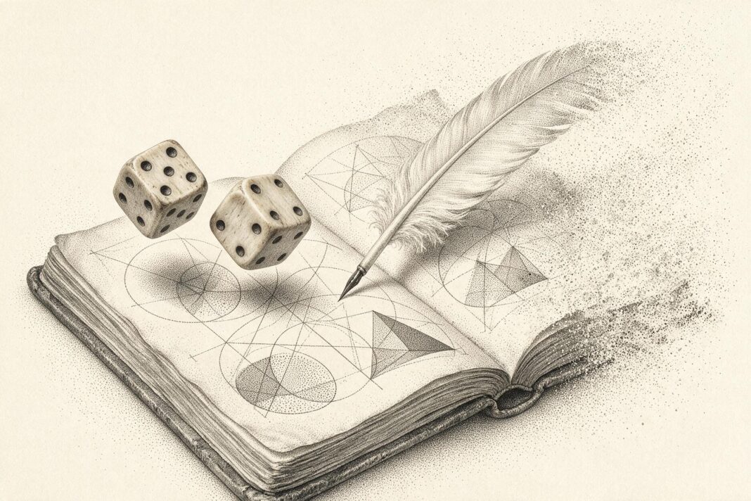 Illustrazione monocromatica a puntini su fondo avorio: due dadi sospesi sopra un libro aperto di geometria e probabilità con una piuma d'oca, che si disperde in particelle sul lato destro
