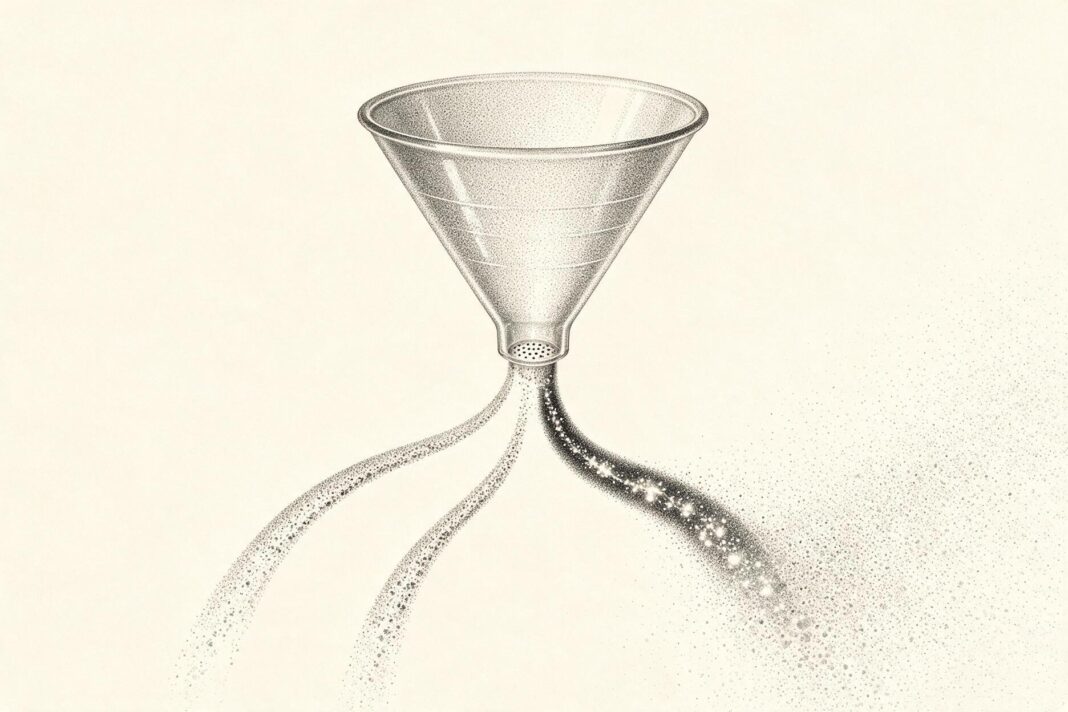 Illustrazione monocromatica a puntini su fondo avorio: un imbuto da laboratorio con tre vie di uscita ramificate come un albero decisionale, che si disperde in particelle sul lato destro