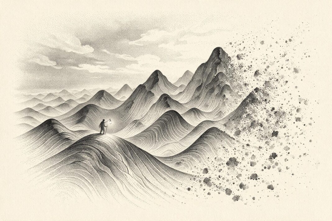 Illustrazione monocromatica a puntini su fondo avorio: un paesaggio montuoso di picchi e valli con una piccola figura con lanterna su un crinale, che si disperde in particelle sul lato destro