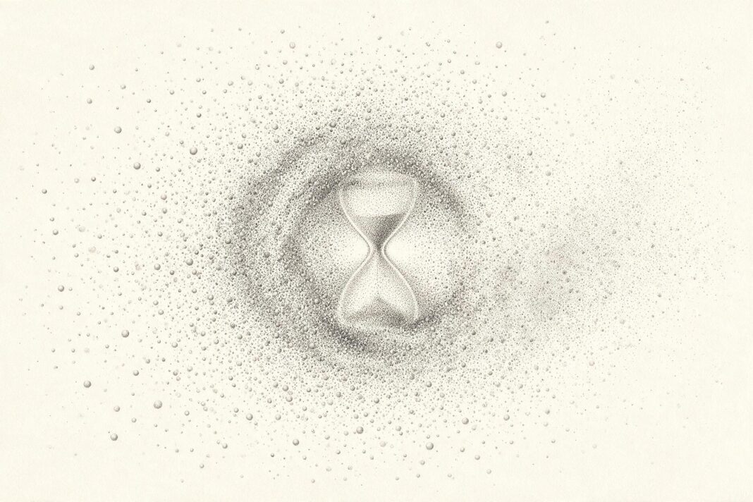 Illustrazione monocromatica a puntini su fondo avorio: una distesa di minuscole sfere come particelle elementari addensate al centro, con la sagoma di una clessidra, che si disperde in particelle sul lato destro