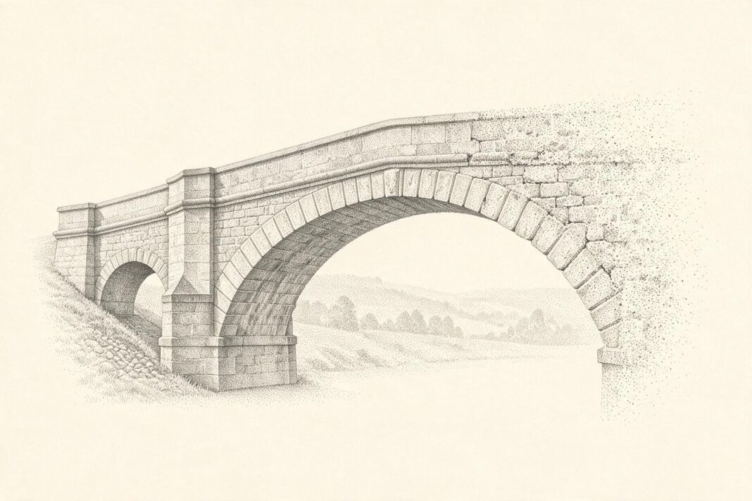 Illustrazione monocromatica a puntini su fondo avorio: un ponte ad arco in pietra visto di lato, solido a sinistra e che si dissolve in particelle sul lato destro