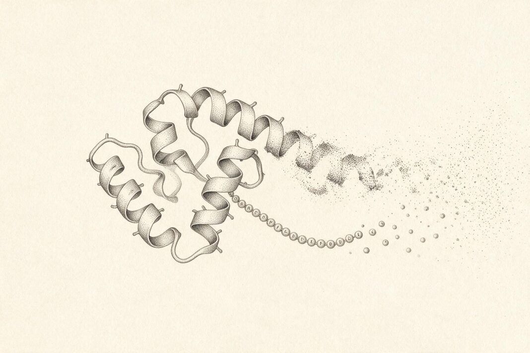 Illustrazione monocromatica a puntini su fondo avorio: una proteina ripiegata a nastro con eliche e anse, sopra una catena di perline di amminoacidi, che si disperde in particelle sul lato destro