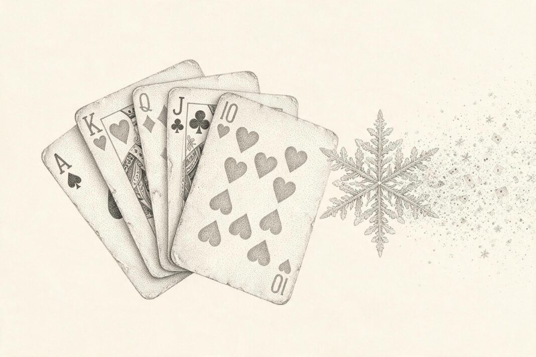 Illustrazione monocromatica a puntini su fondo avorio: cinque carte da gioco a ventaglio accanto a un grande fiocco di neve dettagliato, che si disperde in particelle sul lato destro