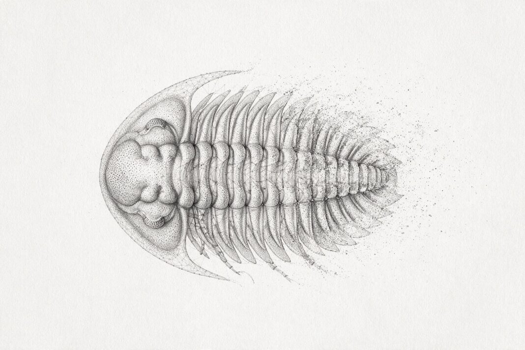 Illustrazione monocromatica di un trilobite visto dall'alto, composto da migliaia di puntini grigi su fondo avorio, che si disperde in particelle sul lato destro