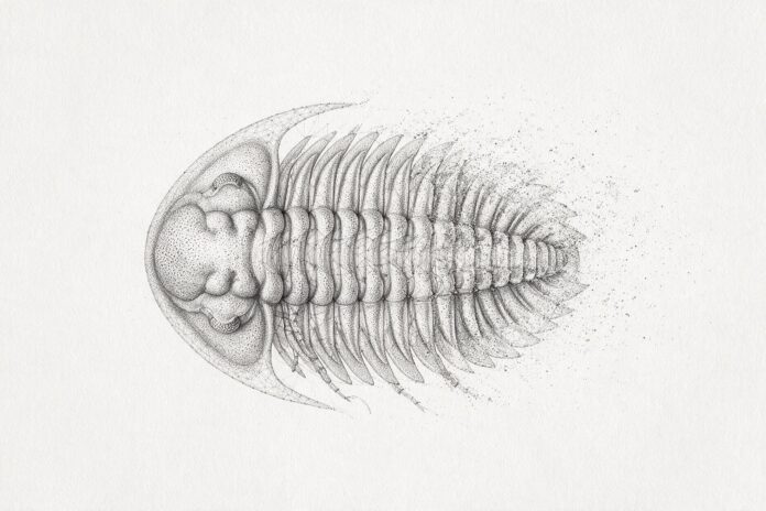 Illustrazione monocromatica di un trilobite visto dall'alto, composto da migliaia di puntini grigi su fondo avorio, che si disperde in particelle sul lato destro